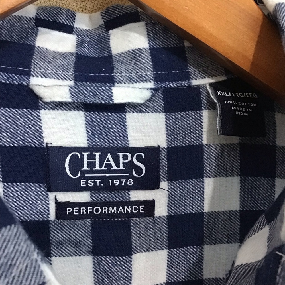 Chaps Performance Navy‎ and White Plaid Flannel Button Down Shirt XXL - Picture 7 of 8